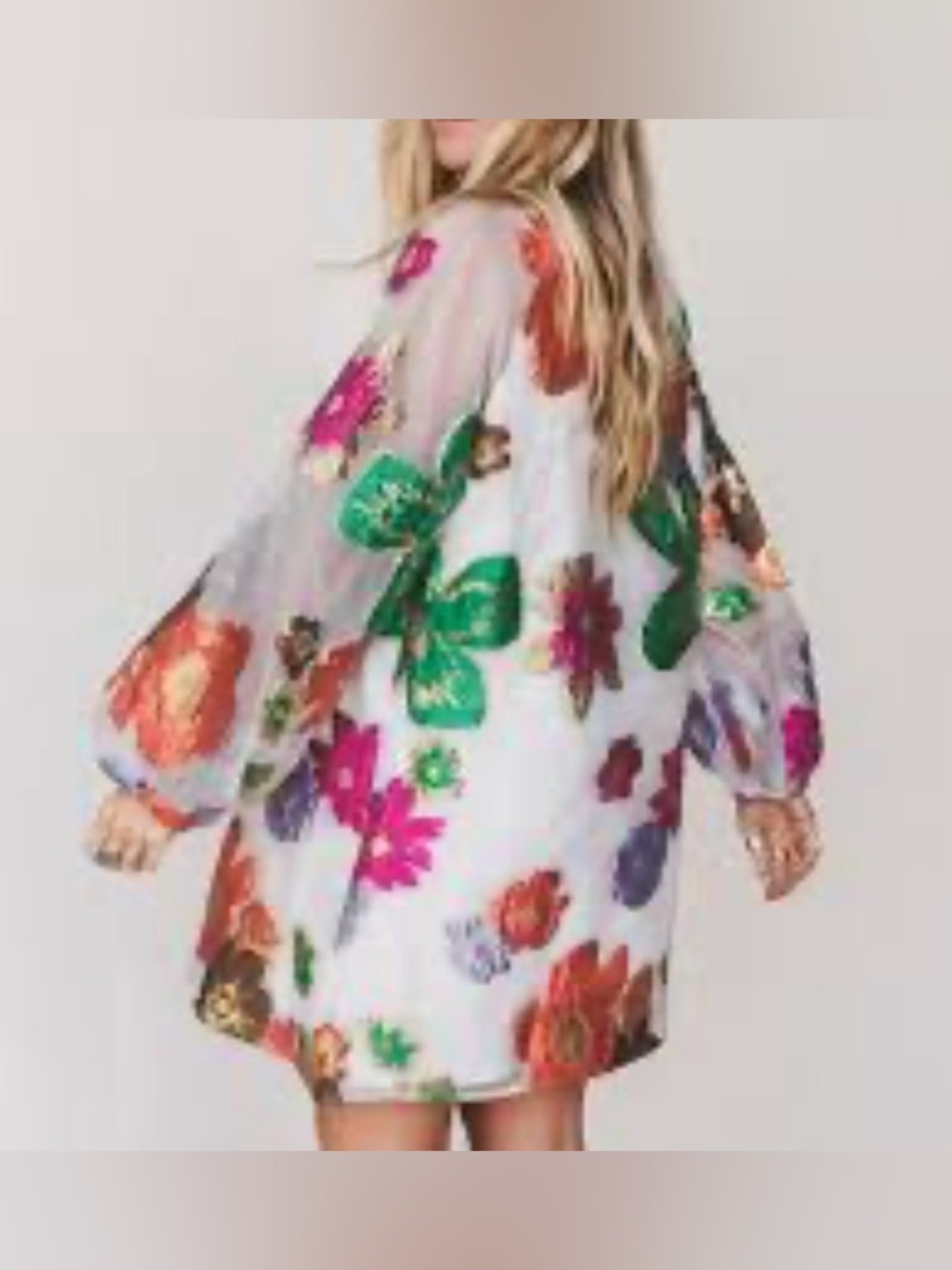 En Crème Floral Organza Bubble Sleeve Mini Dress long sleeve womens Sz Medium - Picture 2 of 13